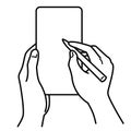 Hands holding smartphone, stylus pen, monochrome illustration